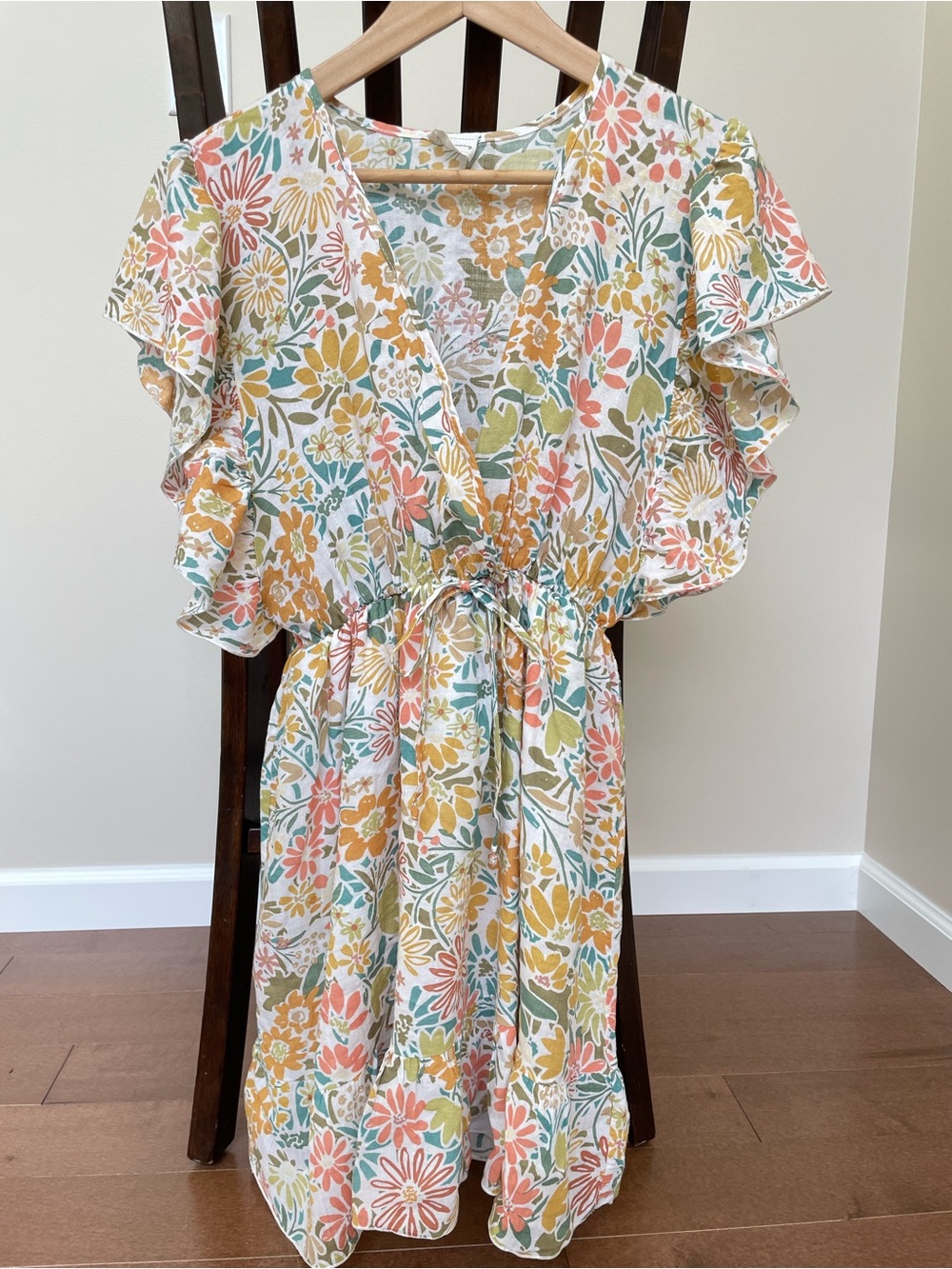 Floral Ruffle Sleeve Dress in White with Peach & Mustard